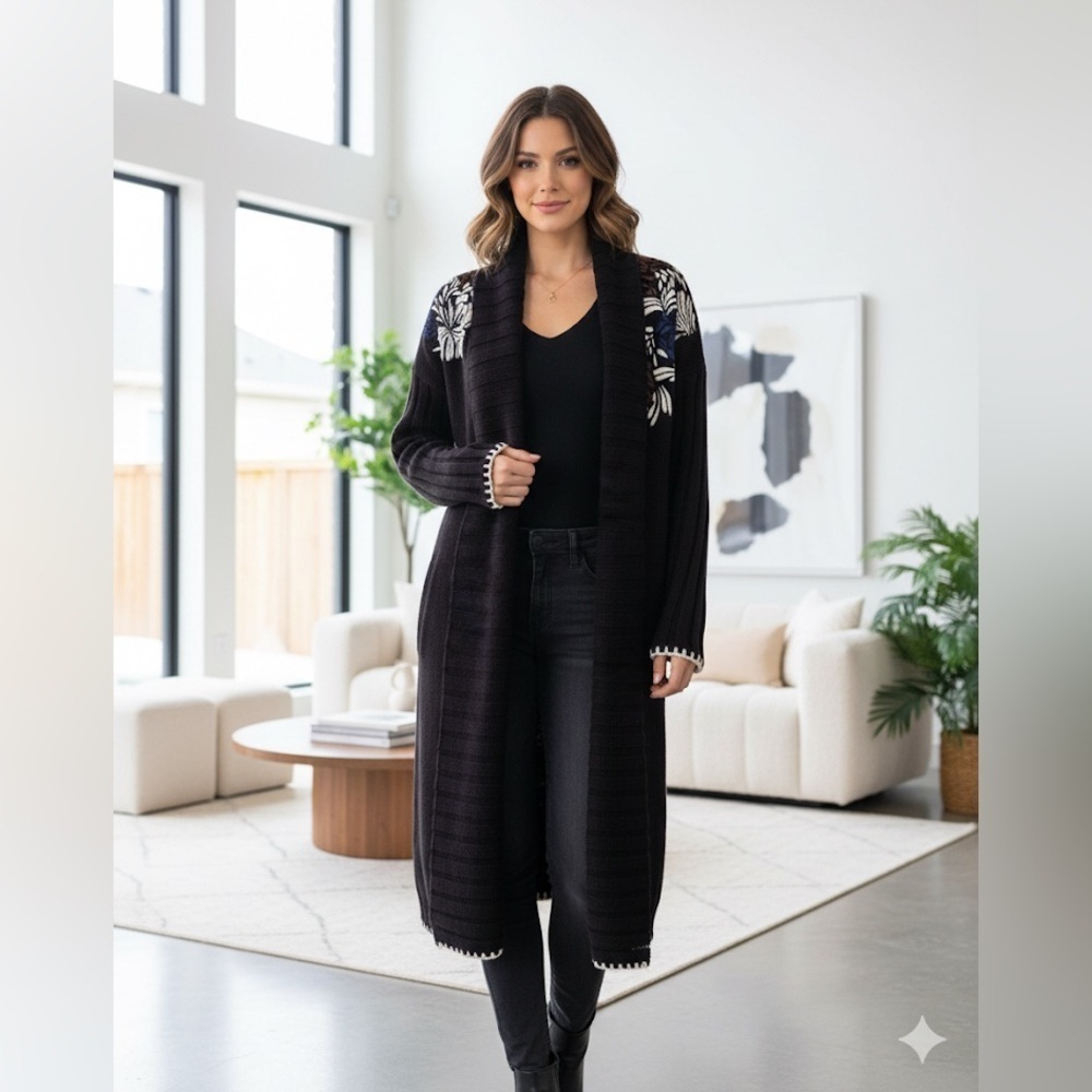 Guess knit long cardigan open front embroidered floral details‎ heavy